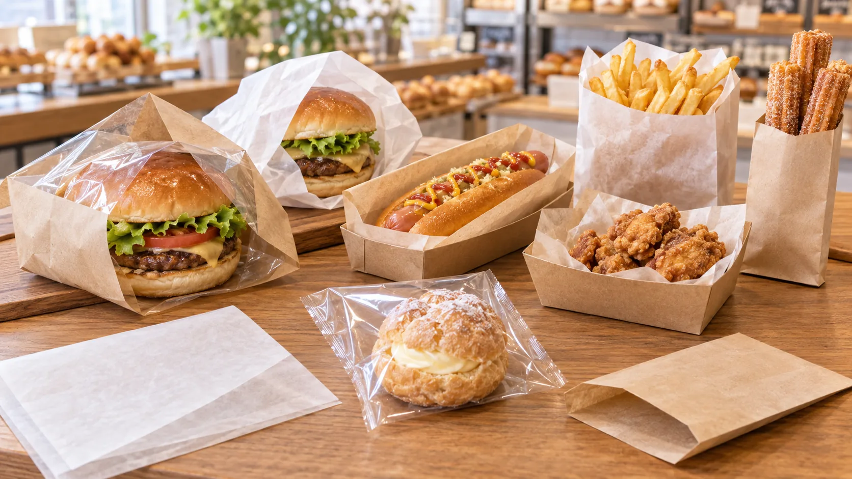 バーガー袋、ホットドッグスリーブ、耐油スナック袋、紙トレー、チュロス袋、シュークリーム袋を使った包装イメージ