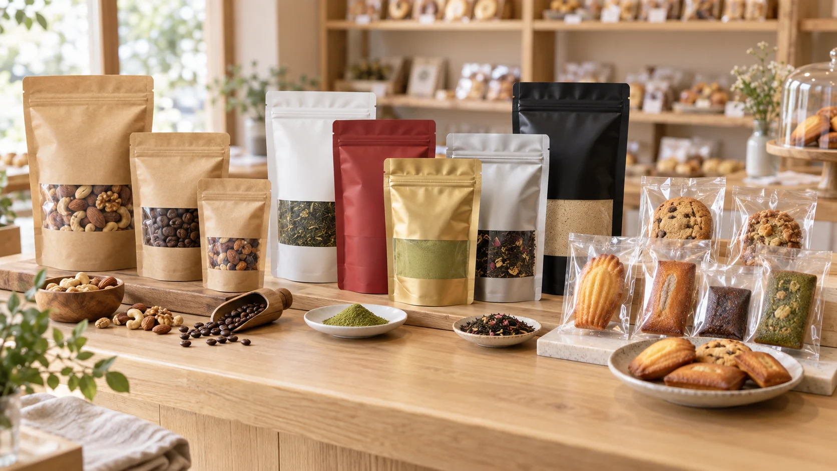 クラフトチャック袋、ラミネートチャック袋、ガスバリア袋にナッツやコーヒー、茶葉、焼き菓子を包装した使用イメージ
