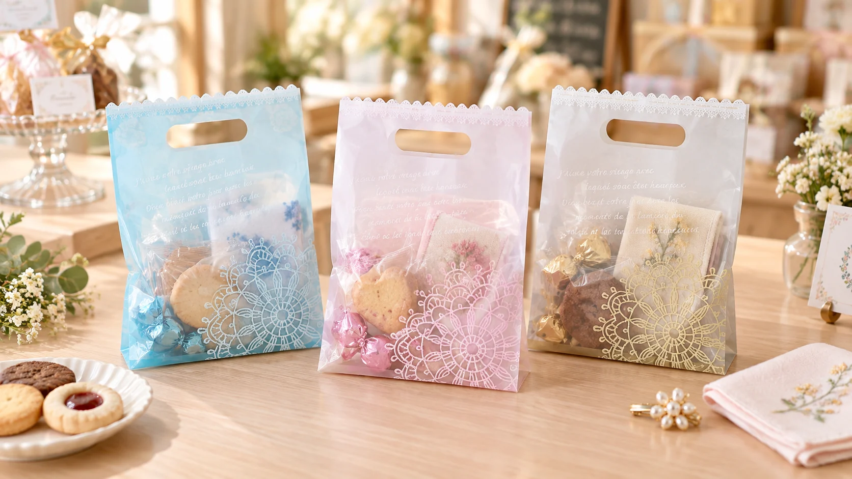 小さなお菓子や布小物を詰めた持ち手・レース柄付きOSAレースバックの使用イメージ