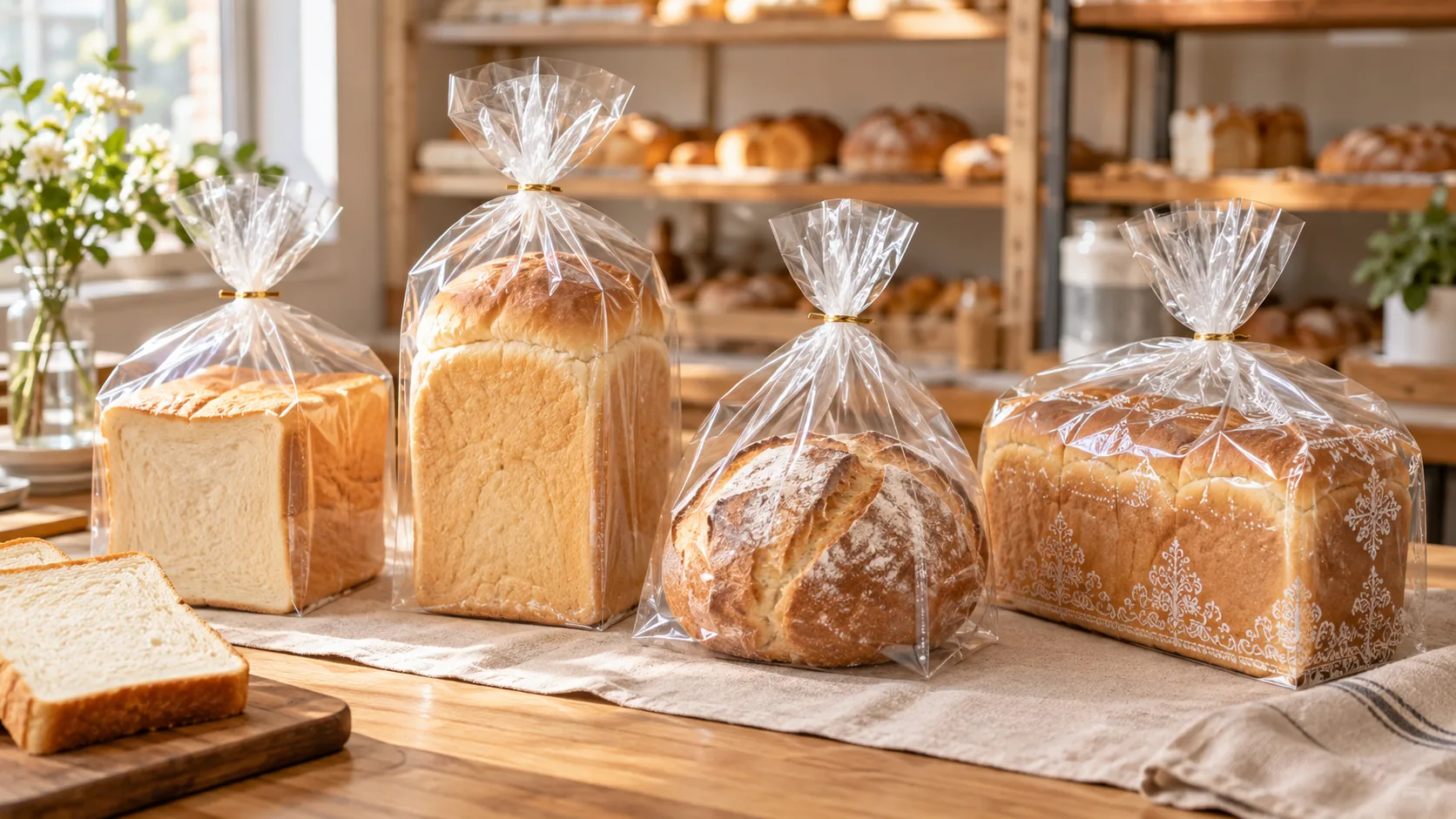 ラウンド食パン、角食、山型食パンを透明・白柄入りの食パン袋で包装した使用イメージ